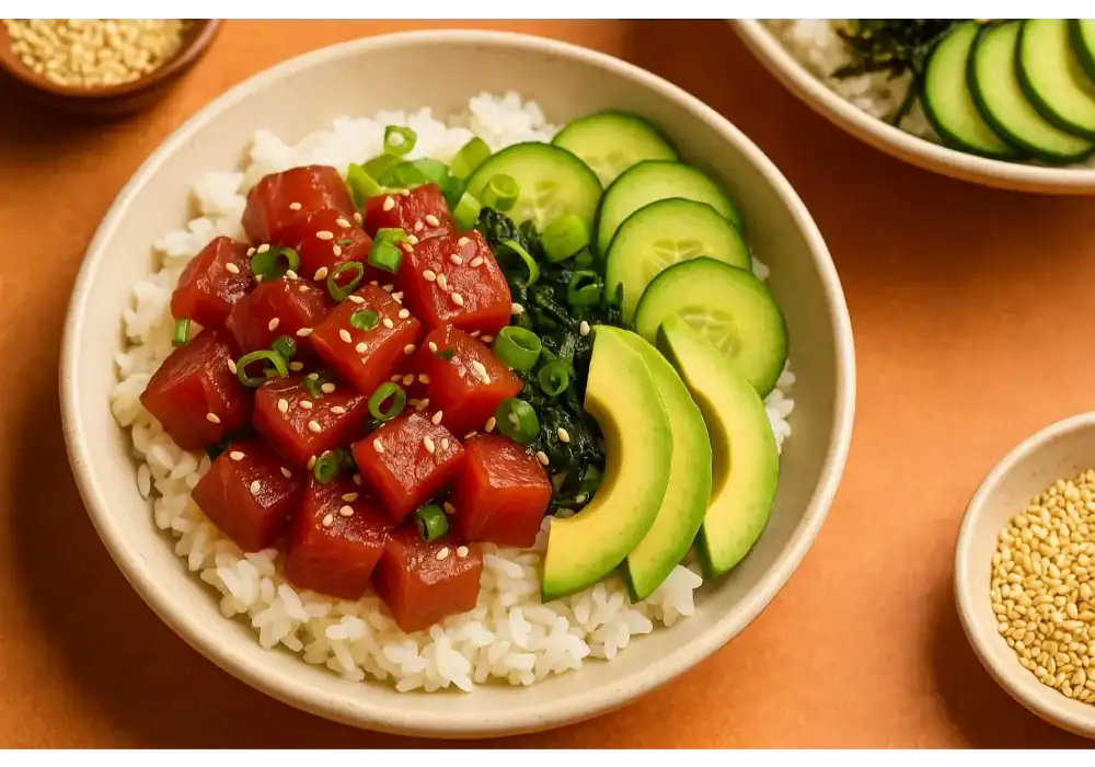 Ahi poke bowl with fresh tuna cubes, white rice, sliced cucumber, avocado, seaweed, and sesame seeds.