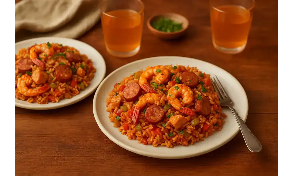Two plates of easy jambalaya served with non-alcoholic drinks on a wooden table.