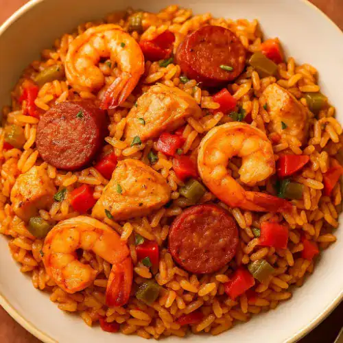 Close-up of a plate of easy jambalaya with shrimp, sausage, and colorful peppers.