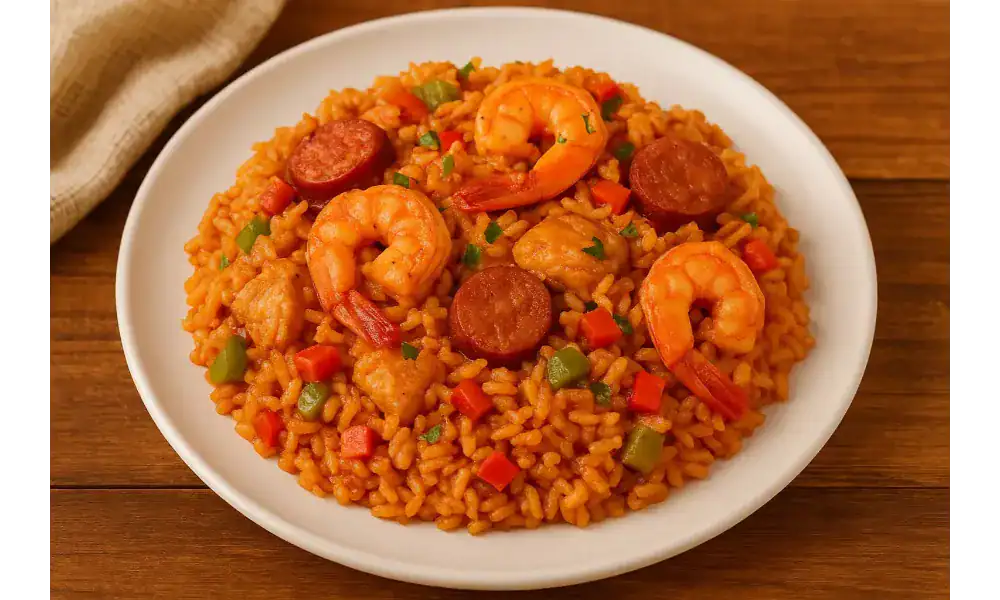 Plate of easy homemade jambalaya with shrimp, sausage, and colorful peppers on a wooden table.