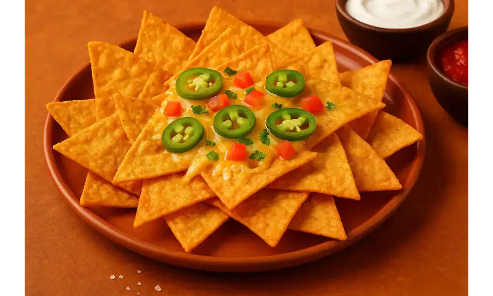 Plate of crispy fried nachos topped with melted cheese, sliced jalapeños, diced tomatoes, and fresh cilantro with salsa and sour cream on the side.
