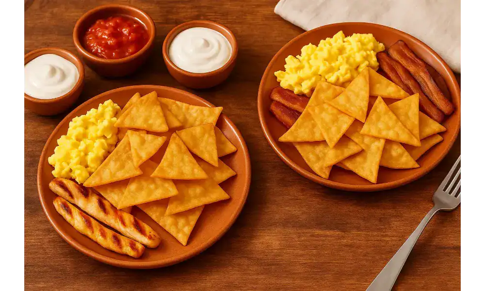 Two plates of crispy fried nachos served with scrambled eggs, grilled sausage, and dipping sauces on a wooden table.