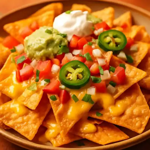 Close-up of crispy fried nachos topped with melted cheese, diced tomatoes, sliced jalapeños, guacamole, and sour cream.