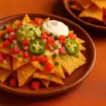 Plate of crispy fried nachos topped with fresh diced tomatoes, onions, sliced jalapeños, guacamole, and sour cream.