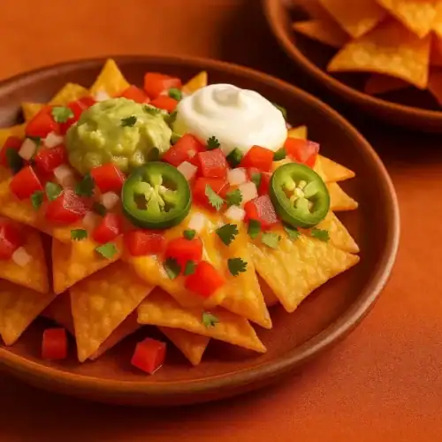 Plate of crispy fried nachos topped with fresh diced tomatoes, onions, sliced jalapeños, guacamole, and sour cream.