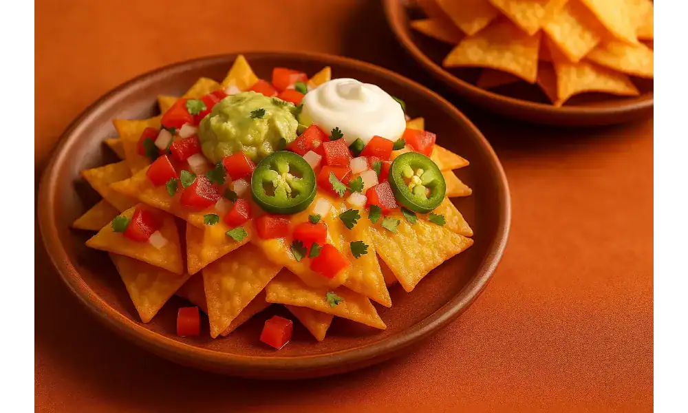 Plate of crispy fried nachos topped with fresh diced tomatoes, onions, sliced jalapeños, guacamole, and sour cream.