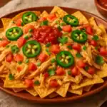 Plate of homemade chicken nachos topped with shredded chicken, cheese, fresh jalapeños, diced tomatoes, and salsa.