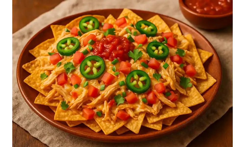 Plate of homemade chicken nachos topped with shredded chicken, cheese, fresh jalapeños, diced tomatoes, and salsa.