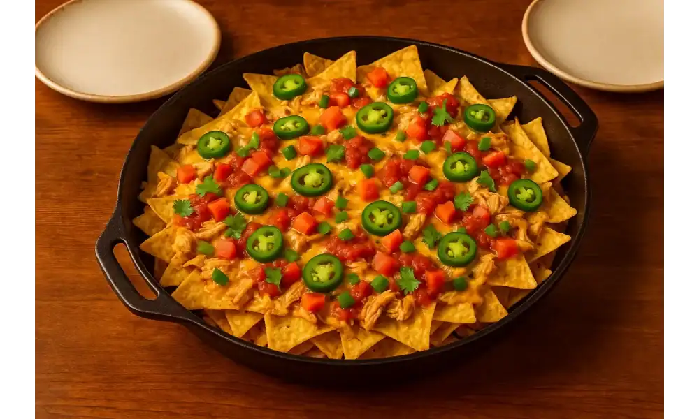 Cast iron skillet filled with homemade chicken nachos topped with shredded chicken, melted cheese, fresh jalapeños, tomatoes, and cilantro, served on a wooden table with two plates.