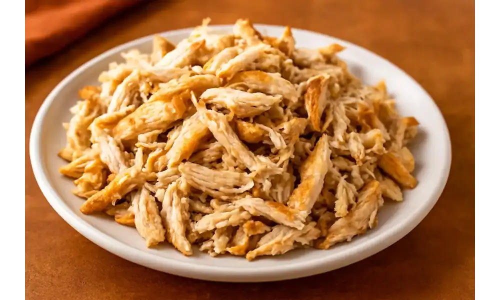 Plate of freshly cooked and shredded chicken ready for homemade chicken nachos.