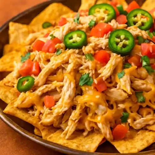 Close-up of loaded chicken nachos with shredded chicken, melted cheese, jalapeños, tomatoes, and cilantro.