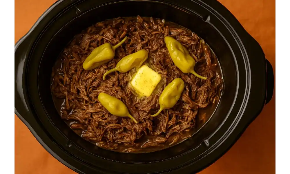 Shredded Mississippi pot roast in a slow cooker with butter and pepperoncini peppers