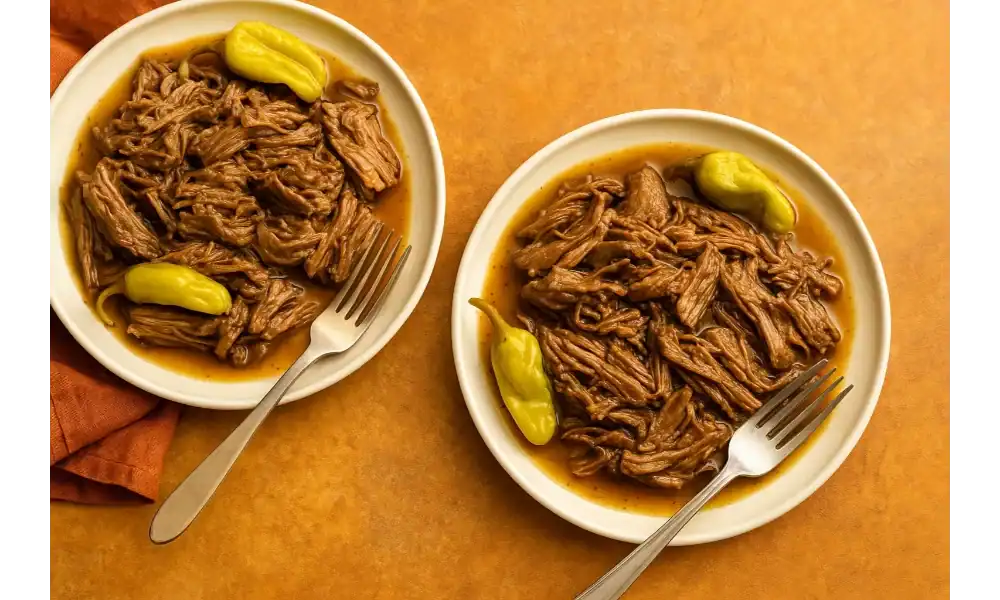 Two plates of shredded Mississippi pot roast with pepperoncini peppers and gravy