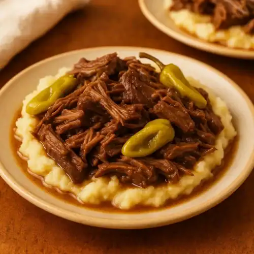 Mississippi pot roast served over mashed potatoes with pepperoncini peppers