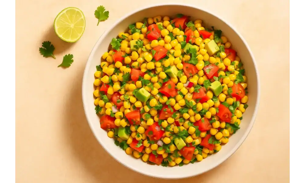 Fresh corn salad with tomatoes, avocado, and herbs in a white bowl with lime and cilantro on the side