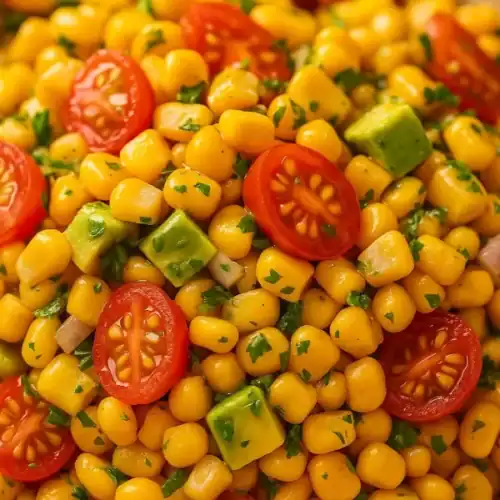 Close-up of corn salad with cherry tomatoes, avocado, red onion, and chopped herbs