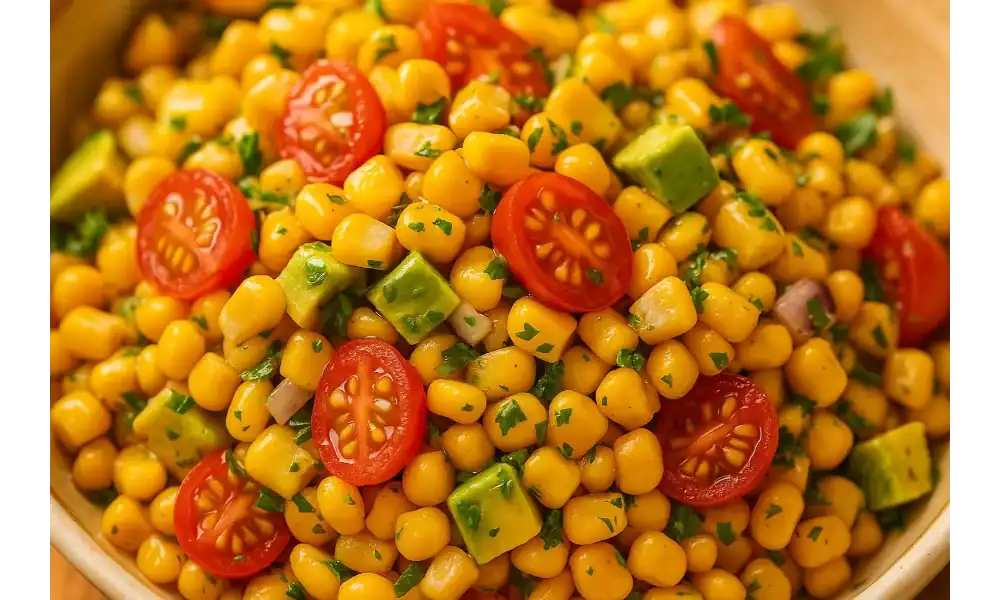 Close-up of corn salad with cherry tomatoes, avocado, red onion, and chopped herbs