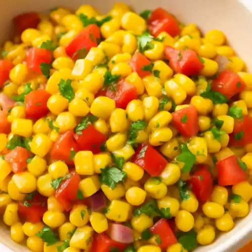 Close-up of corn salad with diced tomatoes, red onion, and chopped herbs in a white bowl