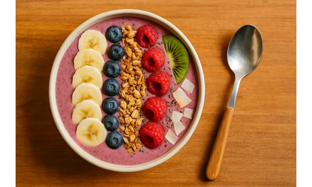 Smoothie bowl with banana, blueberries, raspberries, granola, kiwi, and coconut flakes on a wooden table with a spoon