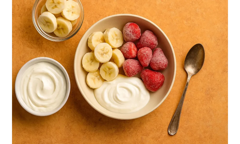 Frozen strawberries, banana slices, and Greek yogurt in bowls on a warm-toned background with a spoon