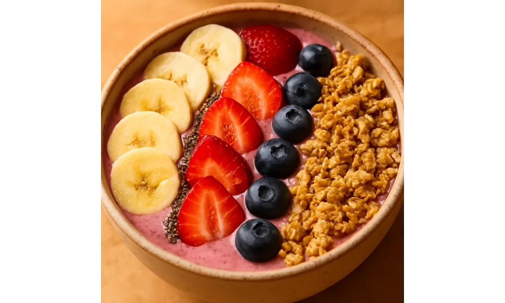 Close-up of a smoothie bowl topped with banana slices, strawberries, blueberries, chia seeds, and granola