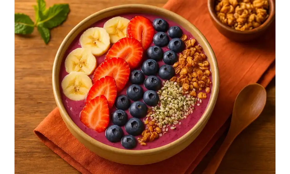 Close-up of a vibrant smoothie bowl topped with banana, strawberries, blueberries, granola, and hemp seeds on a wooden table.