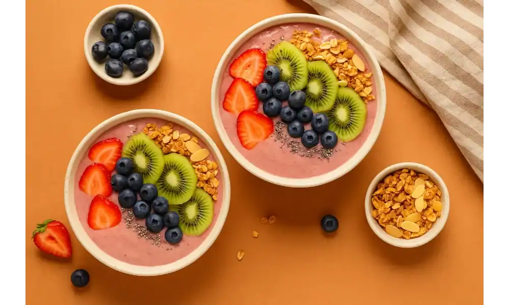 Top view of two smoothie bowls topped with kiwi, strawberries, blueberries, chia seeds, and granola on a warm orange background.