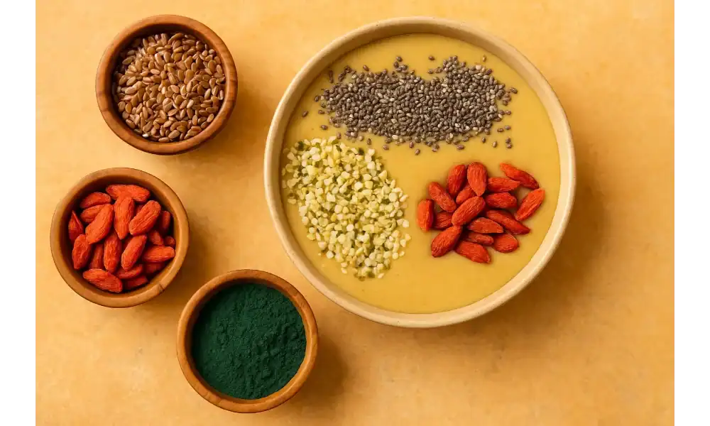 Smoothie bowl with chia seeds, hemp hearts, goji berries, flaxseeds, and spirulina powder on a warm yellow background.