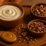 Nutty smoothie bowl toppings including cashew cream, peanut butter, chopped walnuts, and pecans on a wooden tray with warm lighting.