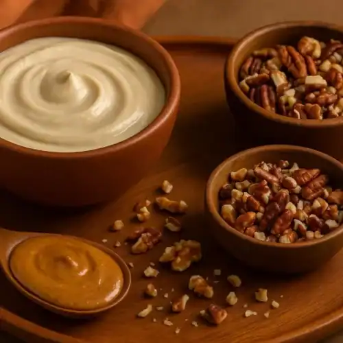 Nutty smoothie bowl toppings including cashew cream, peanut butter, chopped walnuts, and pecans on a wooden tray with warm lighting.