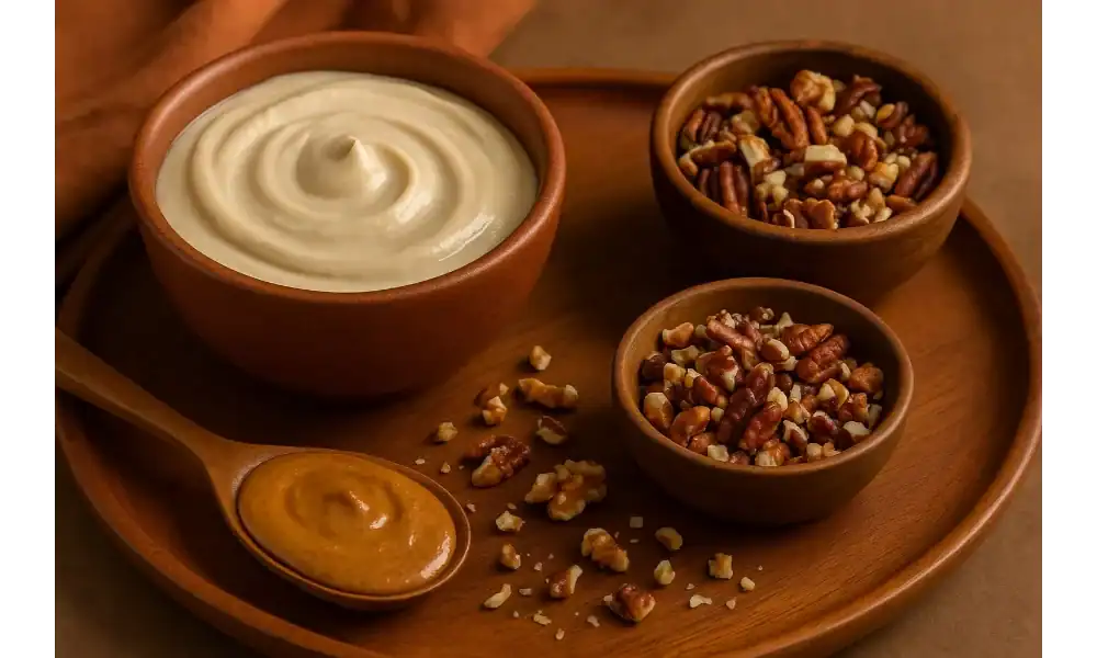 Nutty smoothie bowl toppings including cashew cream, peanut butter, chopped walnuts, and pecans on a wooden tray with warm lighting.
