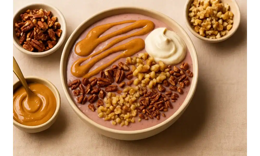 Smoothie bowl topped with almond butter drizzle, cashew cream, chopped walnuts, and pecans on a soft beige background.