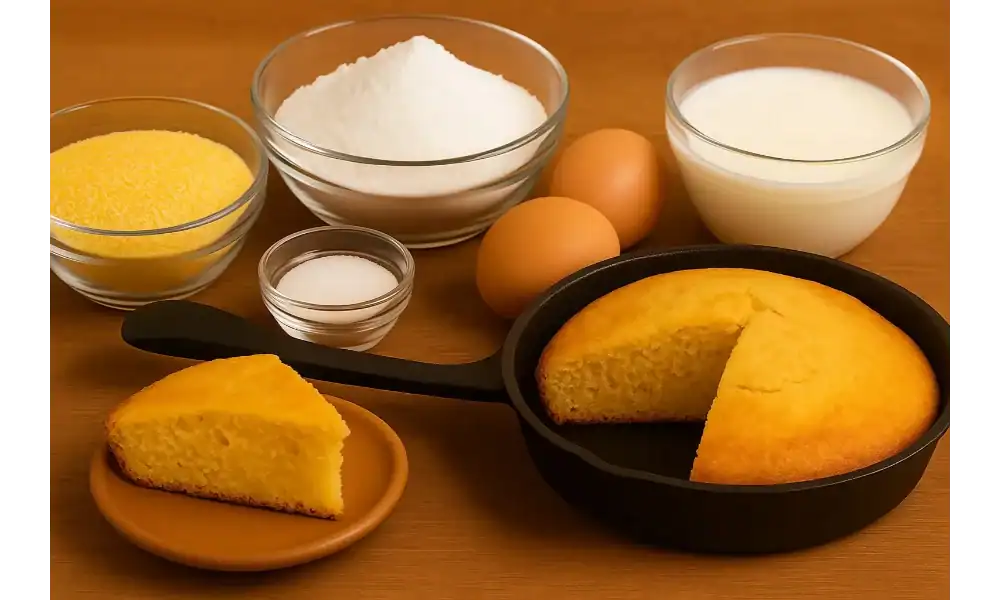Ingredients for homemade cornbread including cornmeal, flour, sugar, milk, and eggs, arranged beside a skillet of freshly baked cornbread with a slice cut out.