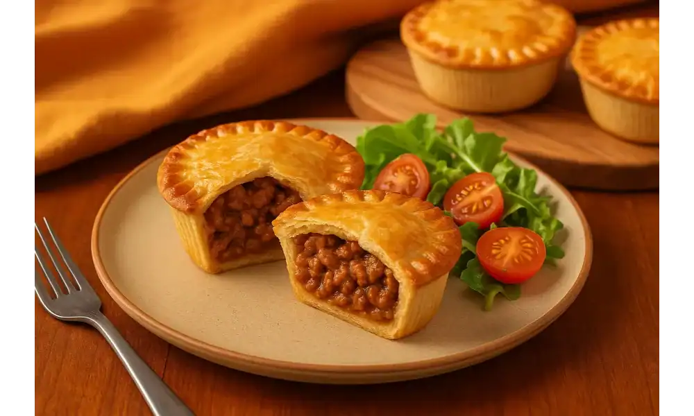 Close-up of savoury mince pies on a plate with salad garnish