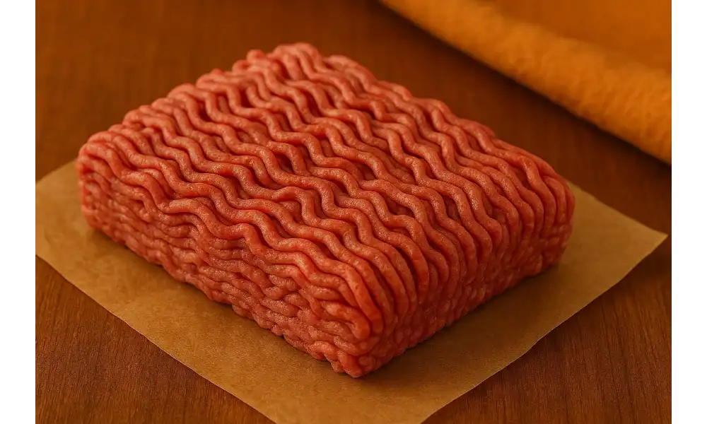 Raw ground beef neatly arranged on parchment paper