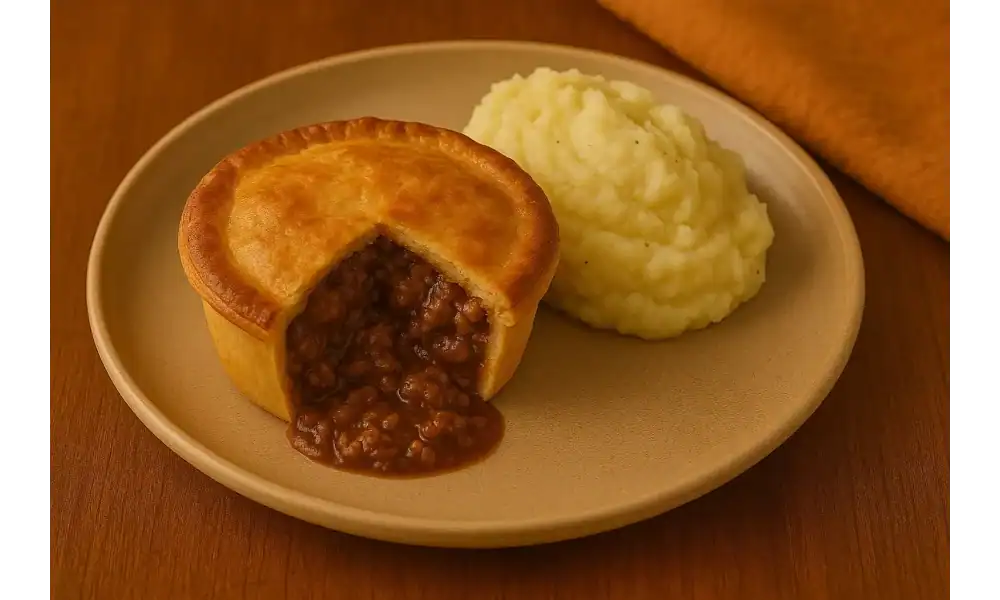 Savoury mince pie with mashed potatoes on a beige plate