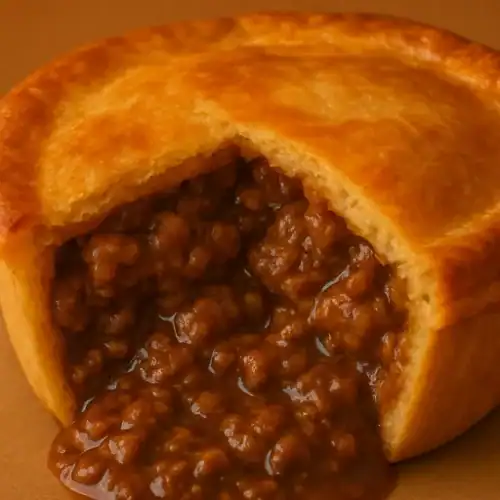 Close-up of a savoury mince pie with meat filling spilling out