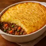 Golden-baked traditional Shepherd’s Pie in a white ceramic dish with mashed potato topping and savory lamb filling.