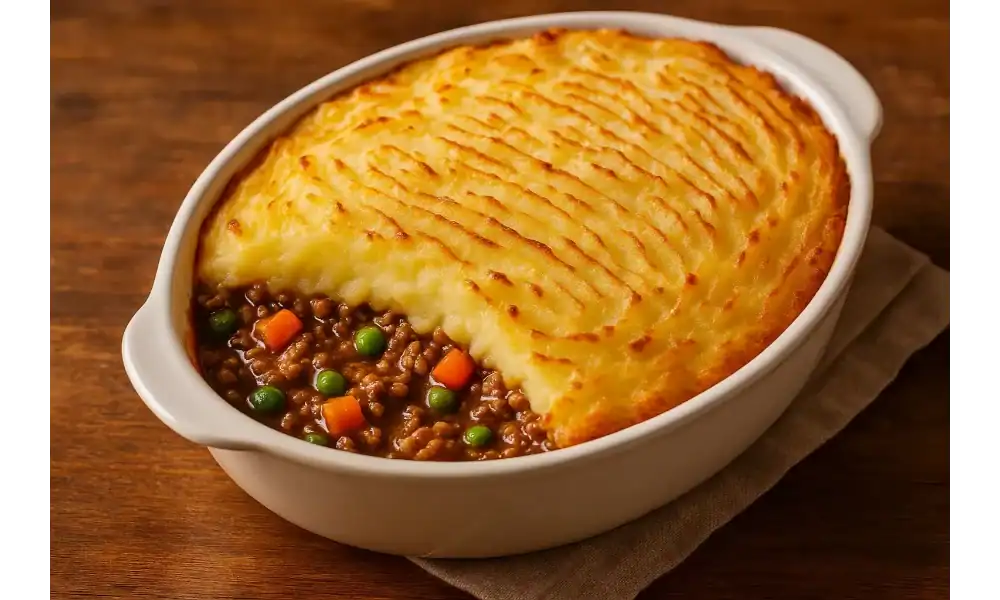 Golden-baked traditional Shepherd’s Pie in a white ceramic dish with mashed potato topping and savory lamb filling.