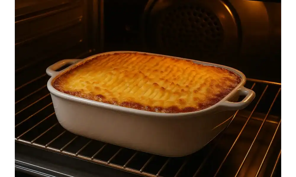 Golden-topped traditional Shepherd’s Pie baking in the oven in a white ceramic dish.