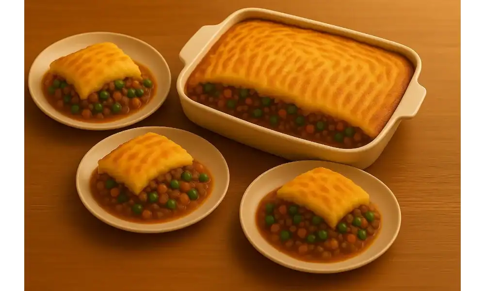 Shepherd’s Pie served in three plates next to the main dish, showing rich filling and golden mashed potato topping.