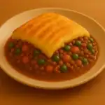 A single serving of traditional Shepherd’s Pie with mashed potatoes, peas, carrots, and savory meat filling.