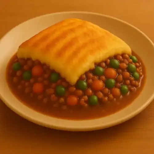 A single serving of traditional Shepherd’s Pie with mashed potatoes, peas, carrots, and savory meat filling.