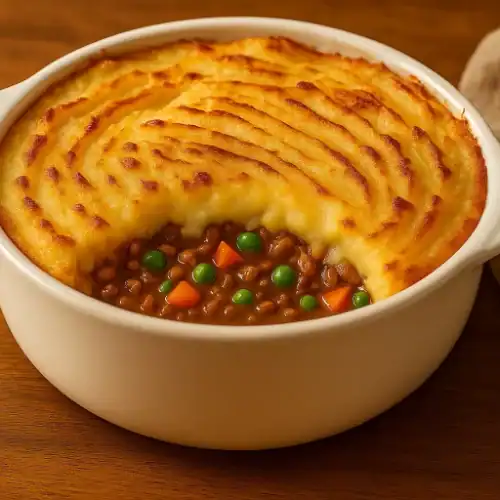 Round white ceramic dish filled with freshly baked cottage pie, topped with golden mashed potatoes and showing beef, peas, and carrots.