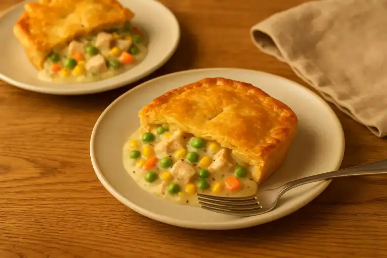 Plated servings of chicken pot pie with golden crust and creamy filling of peas, carrots, corn, and chicken.