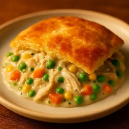 Close-up of creamy chicken pot pie filling with peas, carrots, and golden flaky crust on a plate.