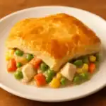 Close-up of a serving of homemade chicken pot pie with puff pastry, filled with creamy chicken and mixed vegetables on a white plate.