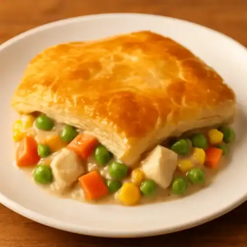 Close-up of a serving of homemade chicken pot pie with puff pastry, filled with creamy chicken and mixed vegetables on a white plate.