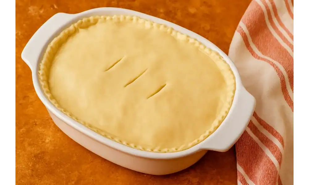 Unbaked homemade chicken pot pie in a white ceramic dish, topped with puff pastry and ready for the oven.