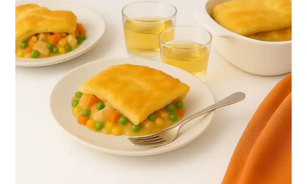 Plated servings of homemade chicken pot pie with puff pastry on a white dining setup, surrounded by warm tones.